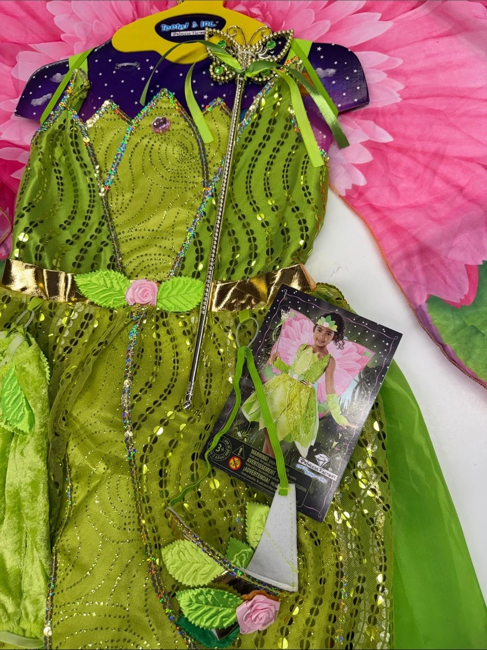 NEW Princess Factory Green Princess Fairy Girls Costume with Pink Wings Size 5-6